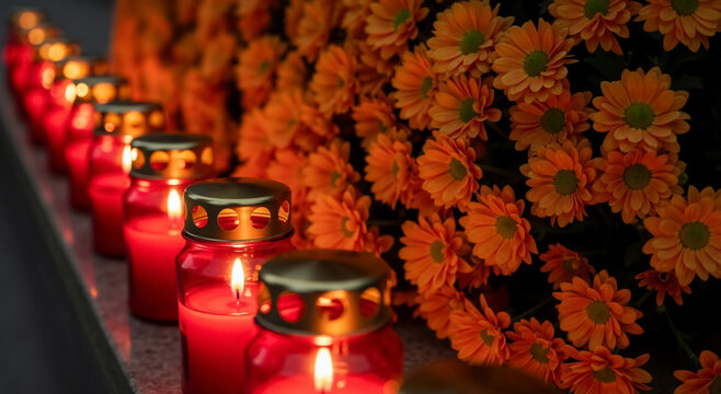 Row of lit red grave candles and orange chrysanthemums at a cemetery. All Souls' Day memorial and remembrance tradition