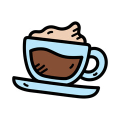 Cartoon Style Illustration of Coffee Cup with Cream Topping on a Saucer Isolated on Transparent Background
