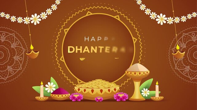 Vibrant animated Dhanteras wish video card featuring glowing diyas, golden coins, and elegant rangoli patterns. Perfect for sending Dhanteras greetings.
