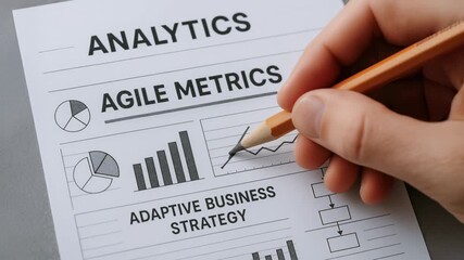 Adaptive business strategy analytics document with agile metrics, pencil annotating charts and graphs, adaptive business strategy analytics agile - Powered by Adobe