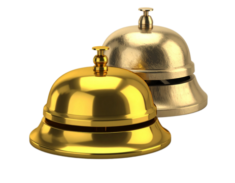 Luxury golden hotel service bell with polished metallic finish isolated on transparent background