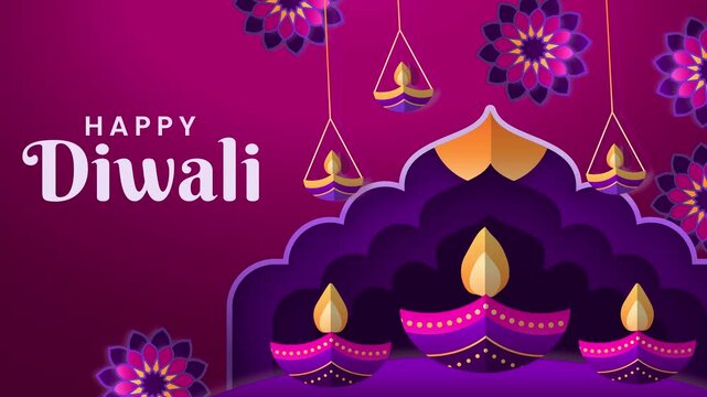 Bright and colorful animated Diwali greeting video card featuring glowing diyas (oil lamps), rangoli patterns. Perfect for Diwali wishes.