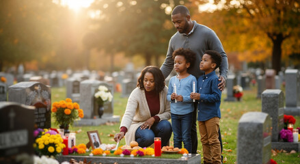 Black family honoring ancestors at a cemetery gravesite. Parents and children celebrating All Souls' Day with candles and flowers. Family remembrance and tradition concept