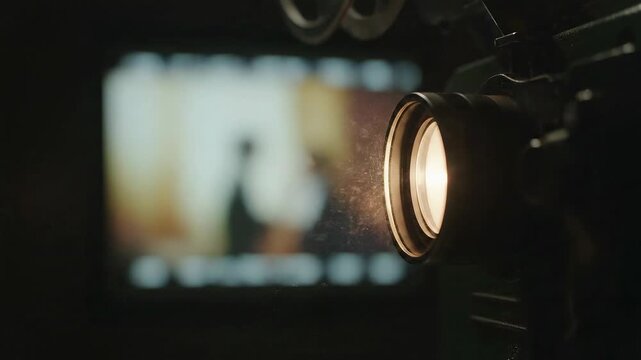 Close up of a retro film projector illuminating a screen