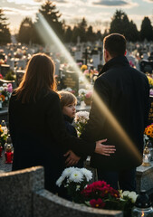 A family with their son visiting a loved one's grave in a cemetery. Mourning and remembrance on All Souls' Day during a sunset