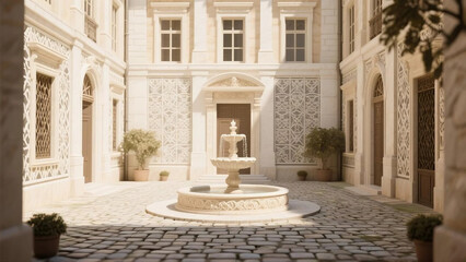Fototapeta premium Elegant stone courtyard with central fountain statue and potted plants in peaceful luxury setting