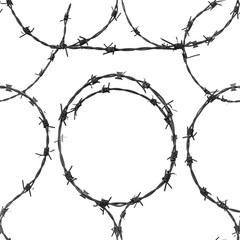 Circular loops and straight lines of sharp, gray barbs against a stark, black background