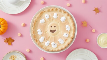 Fototapeta premium Cute Halloween Pie with Marshmallow Ghosts and Smiley Face, Autumn Decor on Pink Background, Flat Lay Dessert