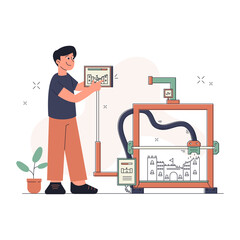 Man Using Virtual Reality Device for Learning in Orange Pants Studying Lesson in Modern Dark Blue T-Shirt and Device in Hand Isolated on White Background