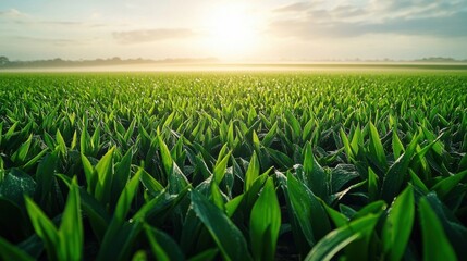 Vast field of vibrant green crops basked in early morning sunlight, with a misty horizon
