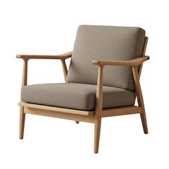 Modern mid-century style accent armchair with natural wood frame and textured upholstery isolated on transparent background