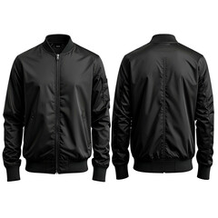 Front and back views of a black bomber jacket with ribbed cuffs and collar