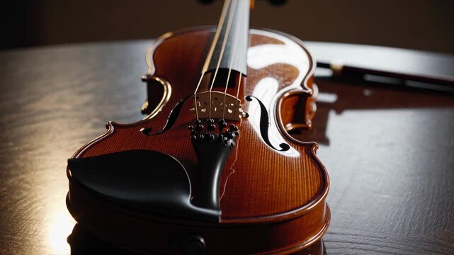 Close-up video of a violin on a wooden table, captured from a low angle, highlighting its glossy finish and intricate details in warm lighting.