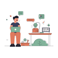 Man Smiling Working with Green Laptop and Desktop Computer with Speech Bubbles on Transparent Background