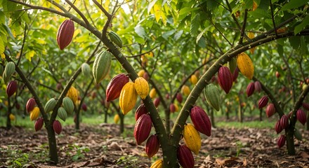 A bright red and yellow tree with colorful autumn leaves in a garden, a little bird perched on a branch near a pumpkin and other orange harvest fruitA bright red and yellow tree with colorful autumn 