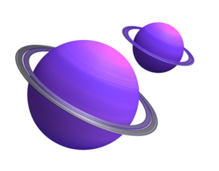 Stylized violet planet with orbiting ring system isolated on transparent background