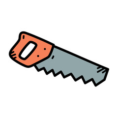 Cartoon Style Saw Illustration with Orange Handle and Gray Blade on Transparent Background