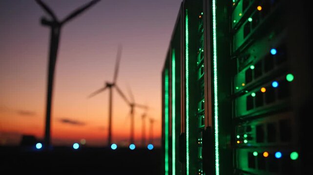 Data Center and Wind Turbines at Sunset Sustainable Energy Concept Sustainable digital innovation