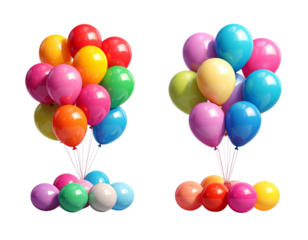 Vibrant colorful balloons bunch floating in air isolated on transparent background