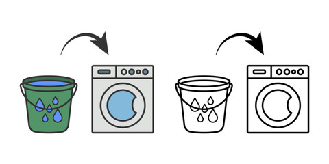 Rainwater laundry icon of a washing machine connected to a bucket with raindrop symbol. Great for water conservation, eco washing, and sustainable household themes.
