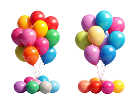 Vibrant colorful balloons bunch floating in air isolated on transparent background
