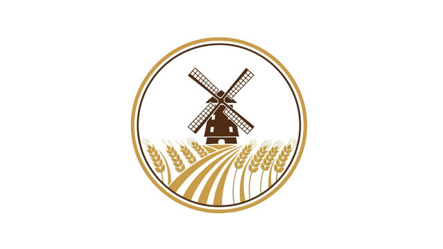 Traditional Windmill and Wheat Field Logo Emblem for Bakery Flour Mill