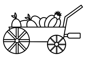 line art Wooden cart filled with harvest vegetables, autumn element isolated on white background