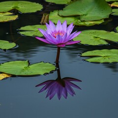 Purple Water Lily Reflection in Calm Water.