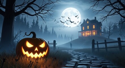 Fototapeta premium Eerie Halloween Night with Jack-o'-Lantern, Haunted House, and Full Moon