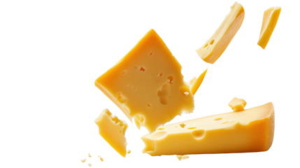 Several pieces of cheddar cheese falling through the air isolated on transparent background