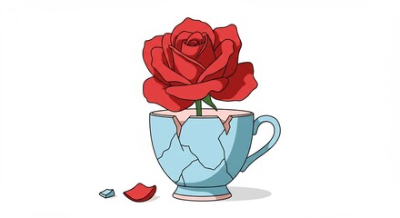 Red Rose Growing From Broken Teacup.