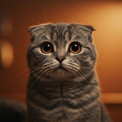 Close up of a Scottish Fold cat with big round eyes.