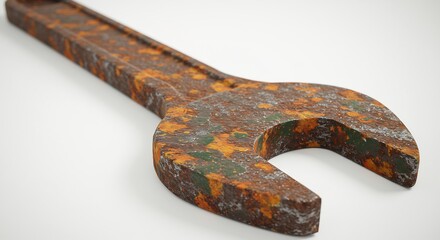 Close up of a rusty old wrench on a white background.