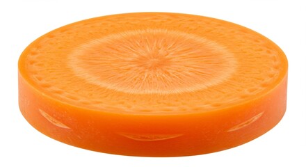 Close up of a single carrot slice on a white background.