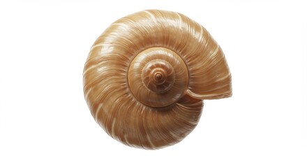 Close up of a spiral snail shell on a white background.