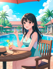 リゾートホテルのプールサイドカフェで寛ぐ女性