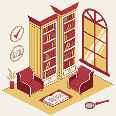 Isometric view of a cozy library interior with bookshelves and armchairs © Ikra