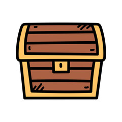 Cartoon Treasure Chest Illustration with Wood Texture Gold Trim and Black Outline on Transparent Background for Game Assets or Decoration