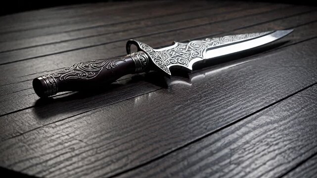 Ornate dagger on dark wood, captured from a low angle. The intricate design suggests a dramatic, cinematic video style.