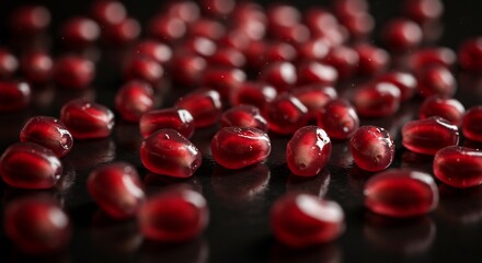 Close up of fresh pomegranate seeds scattered on a dark reflective surface.