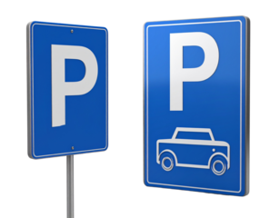 Glossy blue rectangular parking symbol sign with embossed white P and car isolated on transparent background