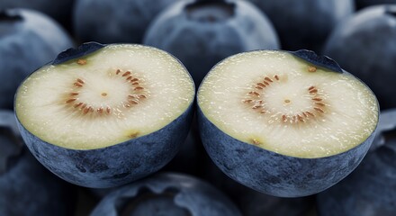 Close up of two halves of a blueberry showing its internal structure.