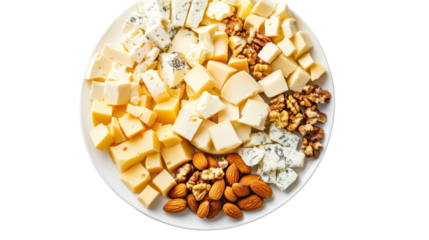 Assortment of cheese cubes and nuts on a platter isolated on transparent background