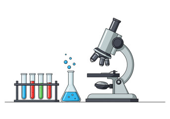 Cartoon Illustration of Microscope Flask and Test Tubes with Colorful Liquids.