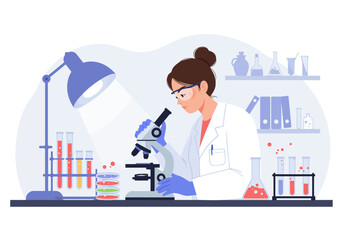 Female Scientist Examining Sample Through Microscope in Laboratory Setting.
