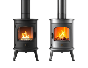 Contemporary cylindrical home fireplace with burning wood fire isolated on transparent background