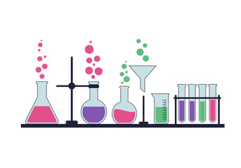 Colorful Chemistry Set with Beakers Test Tubes and Bubbles Illustration.