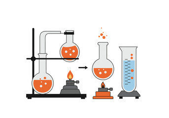 Chemical Distillation Process with Round Bottom Flasks and Bunsen Burners Illustration.