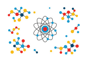 Colorful Molecular Structures and Atom Illustration on White Background.