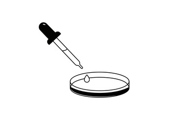 Dropper Adding Liquid to Petri Dish in Black and White Outline.
